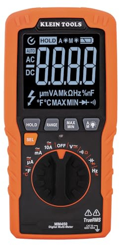 Klein Tools MM450 Multimeter, Digital Thin Count, Automatic TRMS, Voltage 600V AC/DC, Strom, Widerstand, Temperatur, Frequenz, Kontinuität, Orange