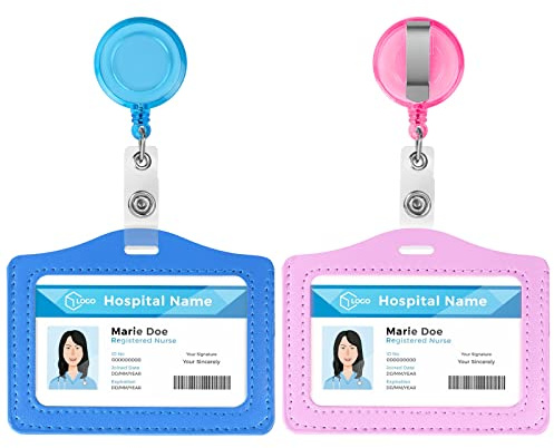 Vicloon Portatarjeta Insignia, 2Pcs Tarjeta de Identificación PU, con Carrete Retráctil de Insignia, Portatarjetas Colgante Retráctiles para ID, Llaves, Oficina(Azul Claro + Rosa