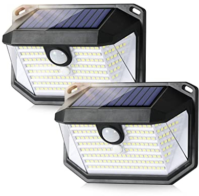 Faretti Solari a LED da Esterno con Sensore di Movimento IP65 Impermeabile Luci Solari Esterno Potenti Lampade a Parete Solare Illuminazione per Balcone Giardino Garage Terrazzo Nero 2 Pezzi