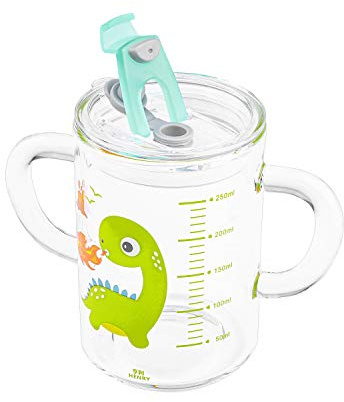 SIQITECH Tasse à Lait avec Paille Silicone Couvercle Tasse en Verre Transparent avec Poignée 300ml Tasses de Lait Tasses d’Eau de Dessin Animé Transparente avec Échelle Verre à Boire 14 Ans et Plus