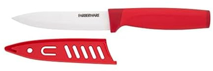 Farberware Ceramic 5-inch Utility Knife with Custom-Fit Blade Cover, Razor-Sharp Kitchen Knife with Ergonomic, Soft-Grip Handle, Dishwasher-Safe, 5-inch, Red