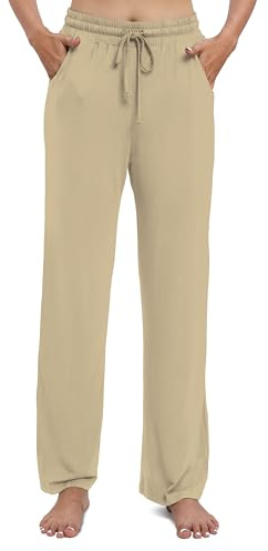 EXCHIC Dam dragsko casual byxor stretch hög midja lösa raka ben byxor joggingbyxor med fickor, Silver mink, M