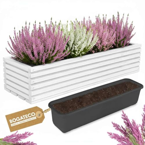 BOGATECO Fioriera in legno | Vaso per piante | 64 x 20 x 14,5 cm | Vaso per erbe aromatiche per casa, giardino, balcone, terrazza, vaso con inserto in plastica, impregnato, bianco