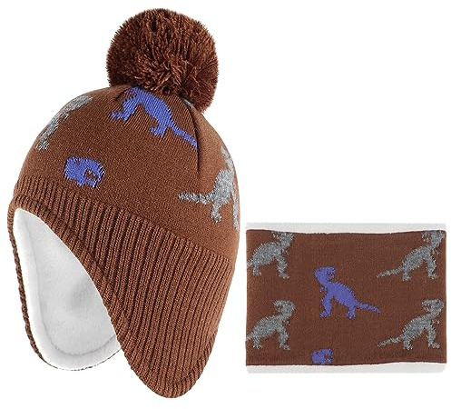 LACOFIA Bonnet et Echarpe Hiver pour Bébé Garçon Ensemble Chapeau Chaud Enfant en Tricot avec Doublure en Polaire et Pompon Dinosaure Marron 6-12 Mois
