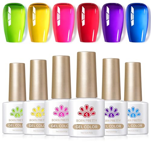 BORN PRETTY Jelly Gel Nail Polish Neon Spring Summer Gel Polish,Hot Pink Red Purple Blue Green Yellow 6Colors Translucent Effect,Soak Off U v LED Light Cure Nail Art Kit Salon Manicure and DIY at Home