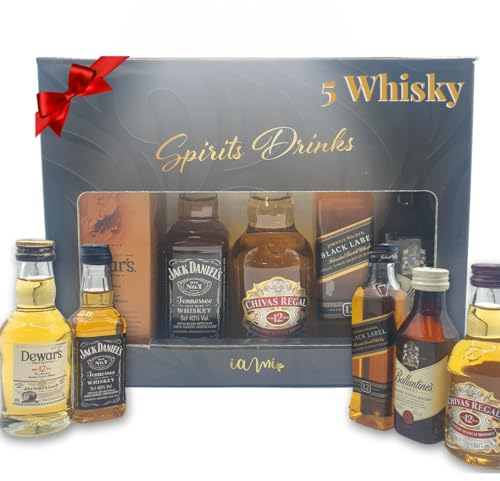 Kit Mini Whisky | Caja Regalo con 5 Mini Botellas: Chivas12, Johnnie Walker Black, Dewards, Ballantines y JackDaniels | Perfecto como Regalo Original | Pack Whisky 5 x 5cl