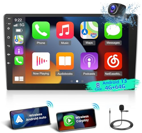 [8 Core 4+64G] 10.1 Pulgadas Pantalla Android 13 Radio Coche 2 DIN con Wireless Carplay Android Auto Reproductor Multimedia Radio con GPS DSP WiFi FM/RDS Radio Custom Homepage + USB Cámara Trasera