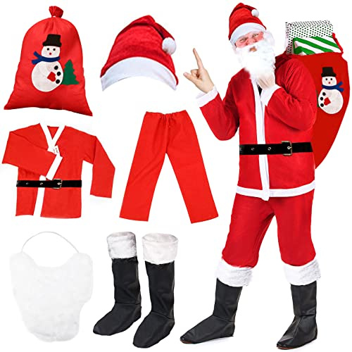 ZPQAODI Lot de 7 Costumes de Père Noël pour Hommes - Velours Rouge de Luxe - Grand - Costume d'Extérieur pour Fête de Noël et Cosplay