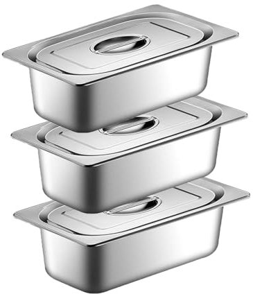 Buudreza Set ciotole per impanare 3 pezzi, Contenitore GN 1/3, Contenitori acciaio con coperchio, 32,5 x 17,5 x 6,5 cm, cotoletta carne - linea per impanare in metallo rettangolare