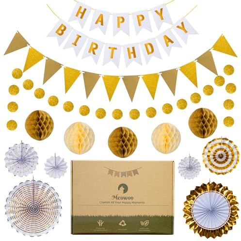 Meowoo White Gold Birthday Decorations, Reusable Paper Birthday Party Set | Happy Birthday Banner, Triangle Bunting, Circle Garland, Honeycomb Balls & Paper Fans, For Kids, Teens & Adults