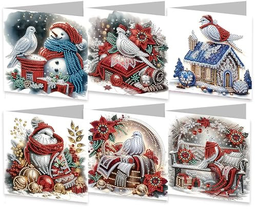 6 Stück Diamond Art Weihnachtskarten mit Weihnachtselementen, Diamant-Kunstmalerei, Weihnachtsgrußkarten, faltbares Grußkarten-Set für Geburtstag, Weihnachten, Basteln, 04-Weihnachtstaube