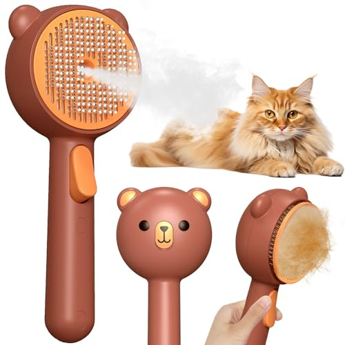 Brosse Vapeur Chat avec 2 Niveaux de Pulvérisation et Bouton de Relâchement, 4 en 1 Spray Dépilatoire Massage Nettoyage en un Clic, IPX7 étanche Brosse pour Poils Longs et Courts Chats Chiens