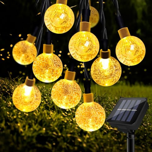 Liuyife Catena di luci solari per esterni 11 m, 60 Luci di Cristallo a LED con 8 Modalità, Impermeabile, Catena di Luci Solari per Esterni da Esterno per Giardino, Patio, Festa, Bianco Caldo