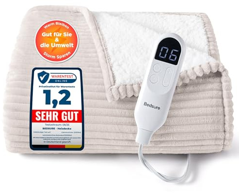 BEDSURE Heizdecke Wärmedecke Elektrische Kuscheldecke - mit Abschaltautomatik, 6 Heizstufen & 10 Stunden Timer, bis zu 8 Stunden Überhitzungsschutz für Home & Office, 200x180cm, Gestreift Natur