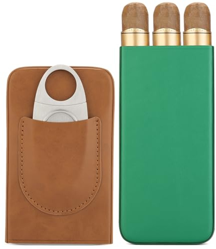 CIGARLOONG Cave à cigares portable en cuir de capacité 3 cigares avec coupe-cigare tranchant en acier inoxydable, support de voyage pour homme, Marron/vert, Compacte