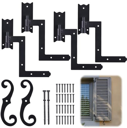 MorningRo Black Shutter Hinges and S Holdback Hooks with Attachment Hardware Metal 6.5 Shutter Dog Holders and 1-1/16 Blind Shutters Hinges for Heavy Duty Wood Frame, Brick, Doors, Window (1 Set)