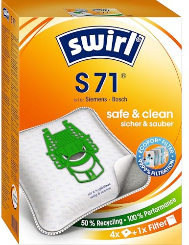 Swirl S 71 EcoPor Staubsaugerbeutel (4 Beutel), reißfeste Staubbeutel für einige Siemens & Bosch Staubsauger, 99,9% Filterung von Hausstaub & allergenem Feinstaub