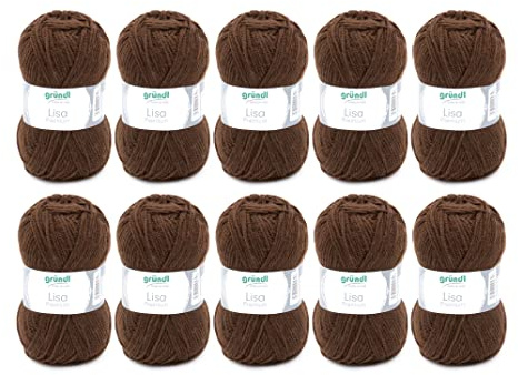 Gründl Lana Lisa Premium uni Hilo de tejer 100% poliacrílico, Hilo para tejer/ganchillo 50 g / 133 m, 10 bolas, Tamaño de la aguja 3,5-4,5; Castaño
