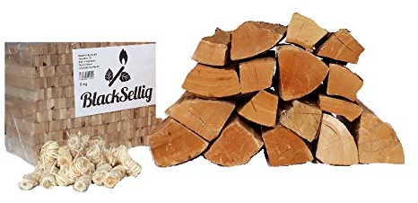 BlackSellig 80 kg di legna da ardere in legno di faggio essiccato in forno, lunghezza 30 – 33 cm + 8 kg di legna da ardere + 30 pezzi di lana da accensione, confezione senza preoccupazione