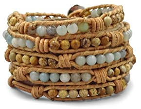 MGR MY GEMS ROCK! Multi-layer Hand Crafted Mix Stone Beaded on Genuine Leather Boho Style Leather Wrap Bracelet Super Wrap Bracelet 35 Long, up to 5 Wraps-Amazonite and Picture Jasper Mix