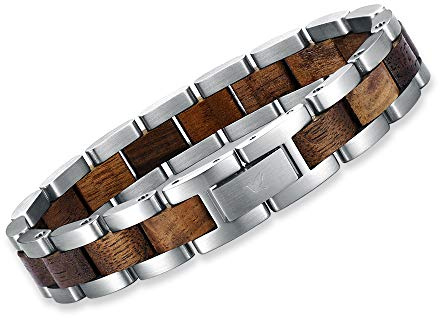 Woodstar (SILVER CROCODILE Bracciale da Uomo in Acciaio e Legno, Gioielli Moda Maschile, Braccialetto Regolabile B18-003