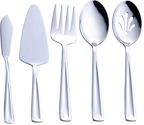 Hostess Serving Utensil Set, GoGeiLi 5-Piece Stainless Steel Flatware Silverware Serving Set, Include Pie Server, Serving Spoon, Slotted Serving Spoon, Serving Fork and Spreader Knife