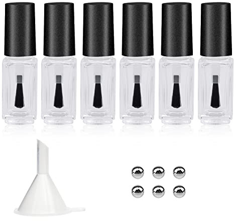 Agidea Botellas vacías para esmalte de uñas con cepillo redondo de 5 ml, 6 recipientes pequeños de vidrio vacíos recargables con bolas de mezcla y embudos (negro mate)