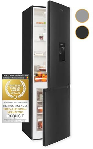 Exquisit Kühl-Gefrierkombination KGC265-70-WS-040D inoxlook-az | 260 L Volumen | Kühlgefrierkombination freistehend mit Wasserspender | Alarm | 4 Sterne gefrieren