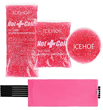 ICEHOF Kühlpads (3x) mit Vlies-Hülle - Inkl. Klettband - Kuschelweich, lange Kühldauer, Kühlpack Gel Glitzer Pink Rosa Kühlgel Kühlkompresse Kühlkompressen Kühlbeutel Eisbeutel Kältekompresse