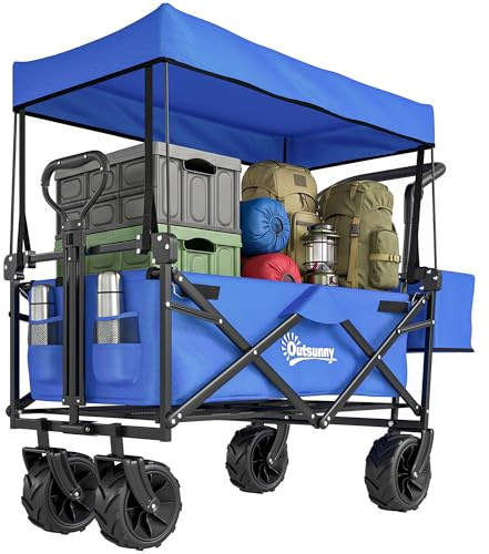 Outsunny 180L Festival Trolley on Wheels, Push & Pull Beach Cart with Removable Canopy, Wide All-Terrain Wheels, Folding Camping Trolley Cart, Adjustable Handle for Garden Fishing Shopping, Blue