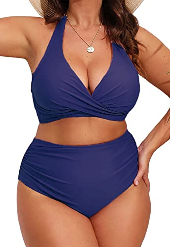 Joligiao Bikini Femme 2 Pièces Maillots de Bain Dos Nu Grande Taille Ensemble Bikini Taille Haute Amincissante Slim Ensemble de Swimwear de Plage Rembourré Push Up Bikini(Bleu,XL)