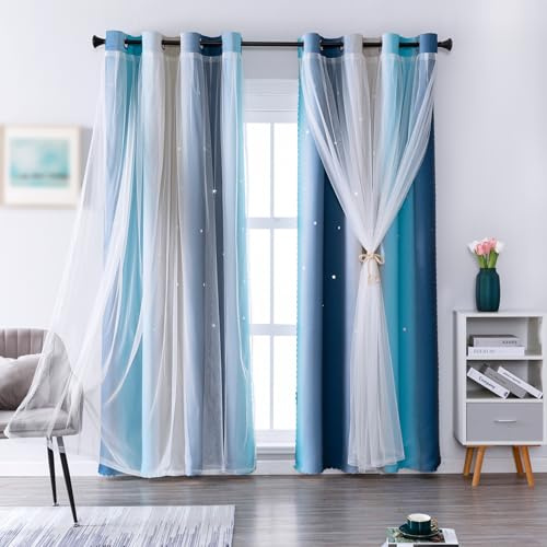 indistar Star Blackout Curtains for Girls Kids Bedroom, Colourful Stripe Window Curtain Panels, 2 Layer Lace Drapes, Room Darkening Curtain for Living Room Decor, 1 Panel（Blue W52 x L63 inch）