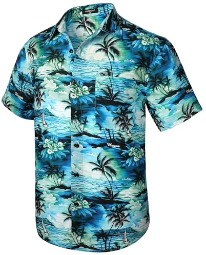HISDERN Camisas Aloha Hawaiana Funky de Manga Corta Bolsillo Delantero Vacaciones de Verano Impreso Playa Camisa Informal de Hawaii S-2XL
