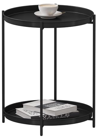 WOLTU Beistelltisch rund, Couchtisch mit Stauraum, 2 abnehmbare Tabletts, Wohnzimmertisch Nachttisch Sofatisch, Kleiner Tisch für Wohnzimmer Schlafzimmer, aus Metall, Schwarz, BTS17sz