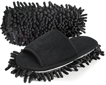Onmygogo Pantoufles de nettoyage de sol en microfibre avec tissu en tissu éponge, pantoufles dépoussiérantes pour femmes, Noir , 39/42 EU