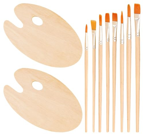 Paleta de Madera Ovalada Con 2 Piezas, 8 Pinceles y Agujeros para Pulgar - Herramientas de Pintura para Artistas
