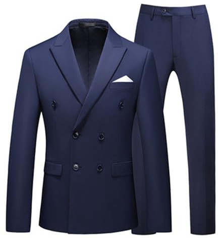 Hommes Deux pièces Double Boutonnage Costume Slim Casual Business Set Mariage marié Costume Pantalons Ensemble (Bleu Marine,TG)