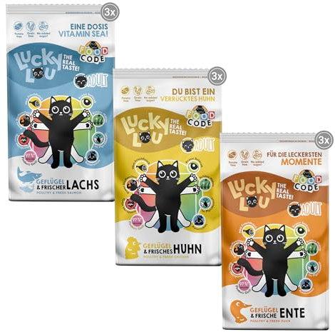Lucky Lou Adult Trockenfutter für Katzen mit verschiedenen Sorten - Food Code Katzenfutter trocken für ausgewachsene Katzen, ohne Getreide & Zucker (340 g (9er Pack), Adult 3 Sorten Mix)