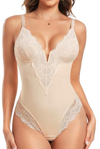 Tuopuda Body Gainant Femme Ventre Plat Body Sculptant Bodysuit Shaper avec Soutien-Gorge String Minceur Shapewear Gaine Amincissante Col V Spaghetti Strap Lingerie Dentelle Camisole Top, Beige, L