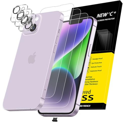NEW'C 3 x Pellicola Vetro Temperato per iPhone 14 (6,1 Pollici) e 3 x Pellicola Vetro Protettiva Fotocamera Posteriore + Tappo Antipolvere-Vetro Durezza 9H-Ultra resistente - Trasparente HD