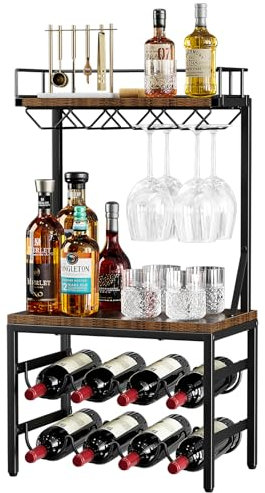 Nuovoware 3 Ebenen Schnapsschrank mit Weinregal, Freistehender Schnapsständer mit 8 Flaschen für Bar, Vielseitiges Weinregal Freistehender Boden mit Tischplatte und 8 Glashaltern, Schwarz+Retro Braun