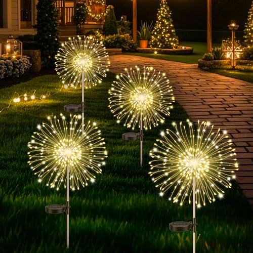 Pack de 4 Luces Solares de Jardín al aire libre, Luces de Fuegos Artificiales Solares de Diente de Fuego Solar, 8 Modos Luz de Starburst, Lámpara de Jardín Impermeable Para el césped /Blanco Cálido
