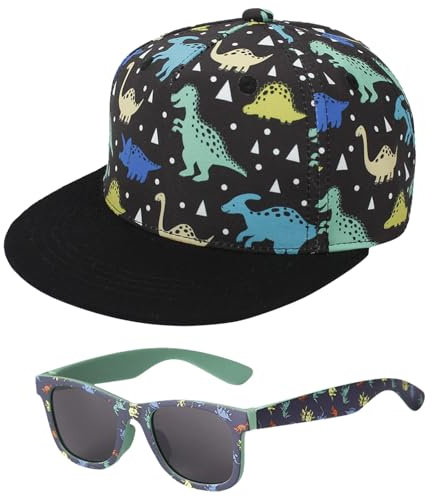EDLMKM Kids Dinosaur Baseball Cap Sunglasses Set, Infant Summer Sun Hat, Cute Dinosaur Toddler Boy Sun Hats Summer Kids Trucker Cap 2-4 Years Black