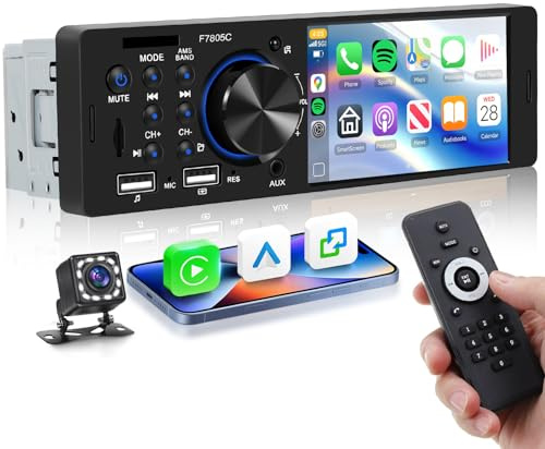 Hodozzy 1 DIN Radio con CarPlay y Android Auto, Radio de Coche con Bluetooth Manos Libres, 4 Pulgadas Reproductor MP5, Compatible con FM/USB Dual/TF/AUX/Carga Rápida, Control en el Volante