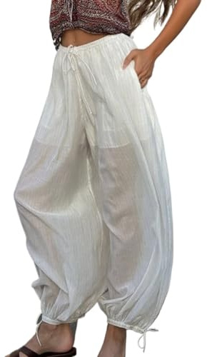 VCM Bloomers Harem Pants Boho Lace Trim Balloon Pants Women Summer Bubble Puffy Long Trousers Casual Vacation Outfits (White c,Large)