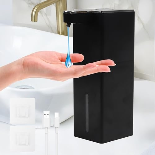 Distributeur de Savon Automatique, Distributeur Automatique de Savon Mural sans Perçage, Liquide 400ml IPX5 USB Rechargeable avec Détection 0.25s pour Cuisine Salle de Bain Toilettes(Noir)
