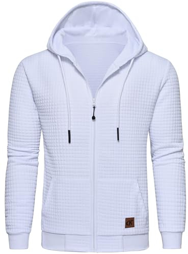 Tyhengta Hoodie Jacket Mens Full Zip Sweatshirt Waffle Pullover Hooded Jackets Breathable Sweat Hoodie with Pocket White, M
