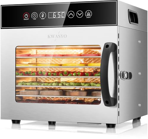 Kwasyo Déshydrateur automatique en acier inoxydable 600 W avec 8 étages, déshydrateur professionnel et tomates de déshydratation, minuterie numérique, contrôle de la température, protection contre la