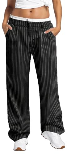 Celanisai Pantalones de traje para mujer, elegantes, holgados, a rayas, para negocios, para el tiempo libre, para oficina, trabajo, con bolsillos, pierna recta, pantalones de otoño, cómodos, pierna