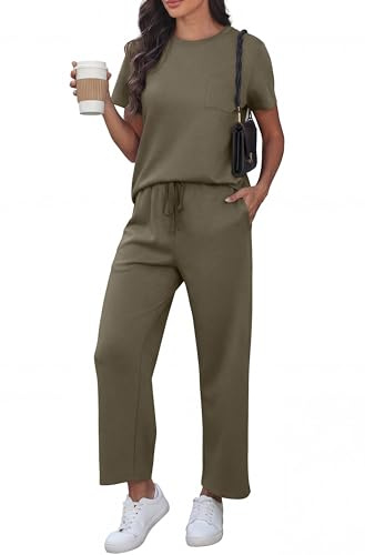 GRECERELLE Tenue de voyage deux pièces pour femme - Tenue d'été décontractée à manches courtes et col rond - Ensemble complet - Haut à manches courtes et pantalon de jogging avec poches